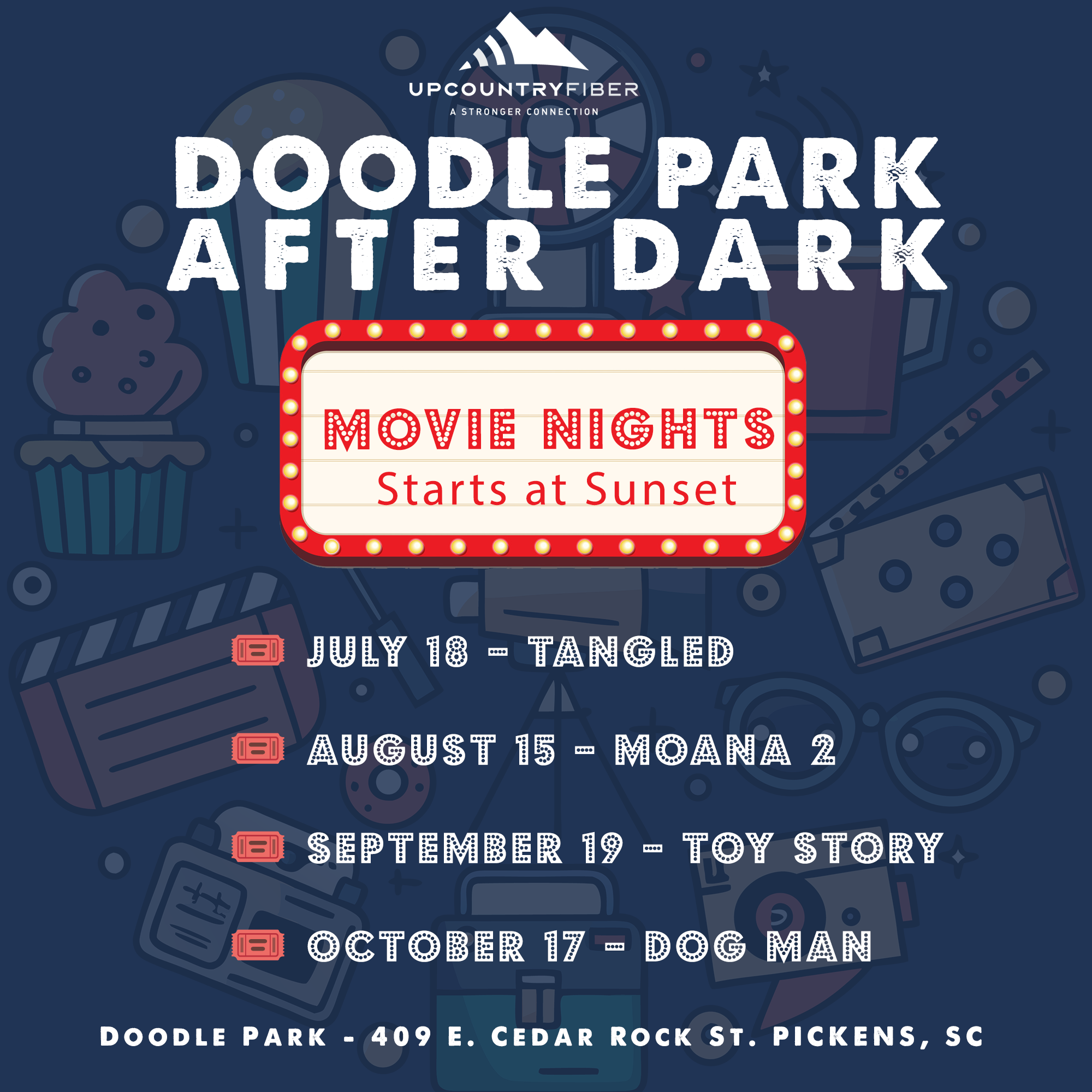 DOODLE PARK AFTER DARK MOVIE NIGHTS with upcountry fiber logo updated 073025