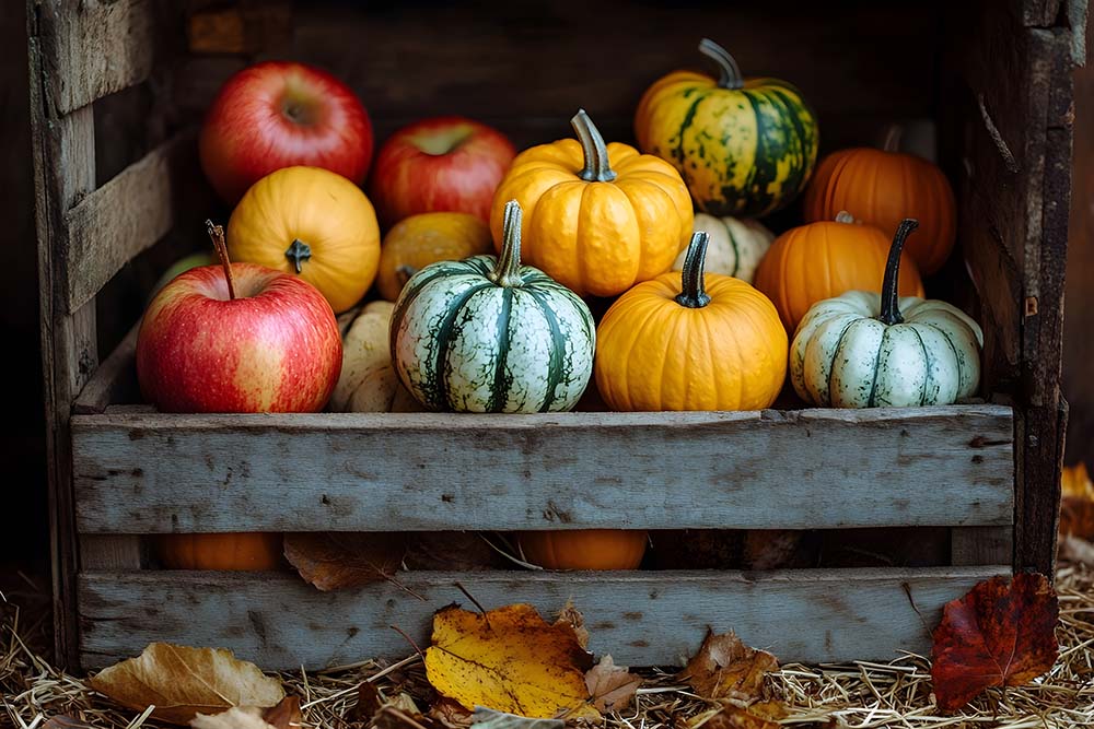 A rustic wooden crate filled with colorful pumpkins and red appl